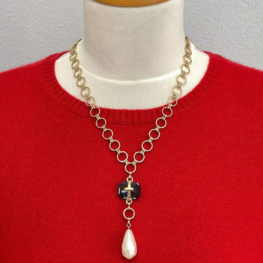 Gold-tone Chain Blue Faux Pearl White Fashion Necklace